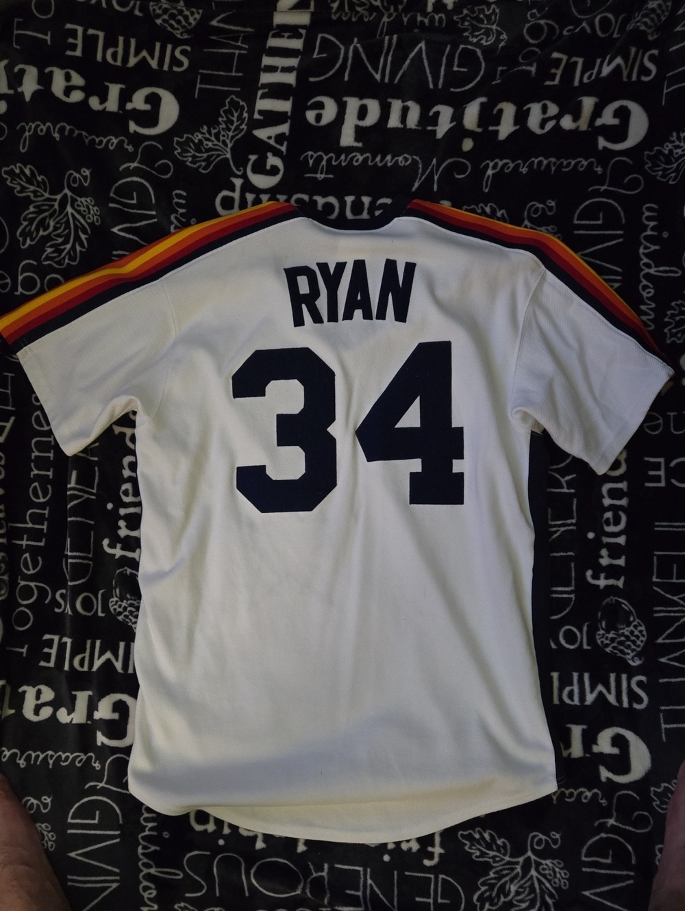 Majestic White Ryan #34 Baseball Jersey with Red-Orange-Yellow Shoulder Stripes